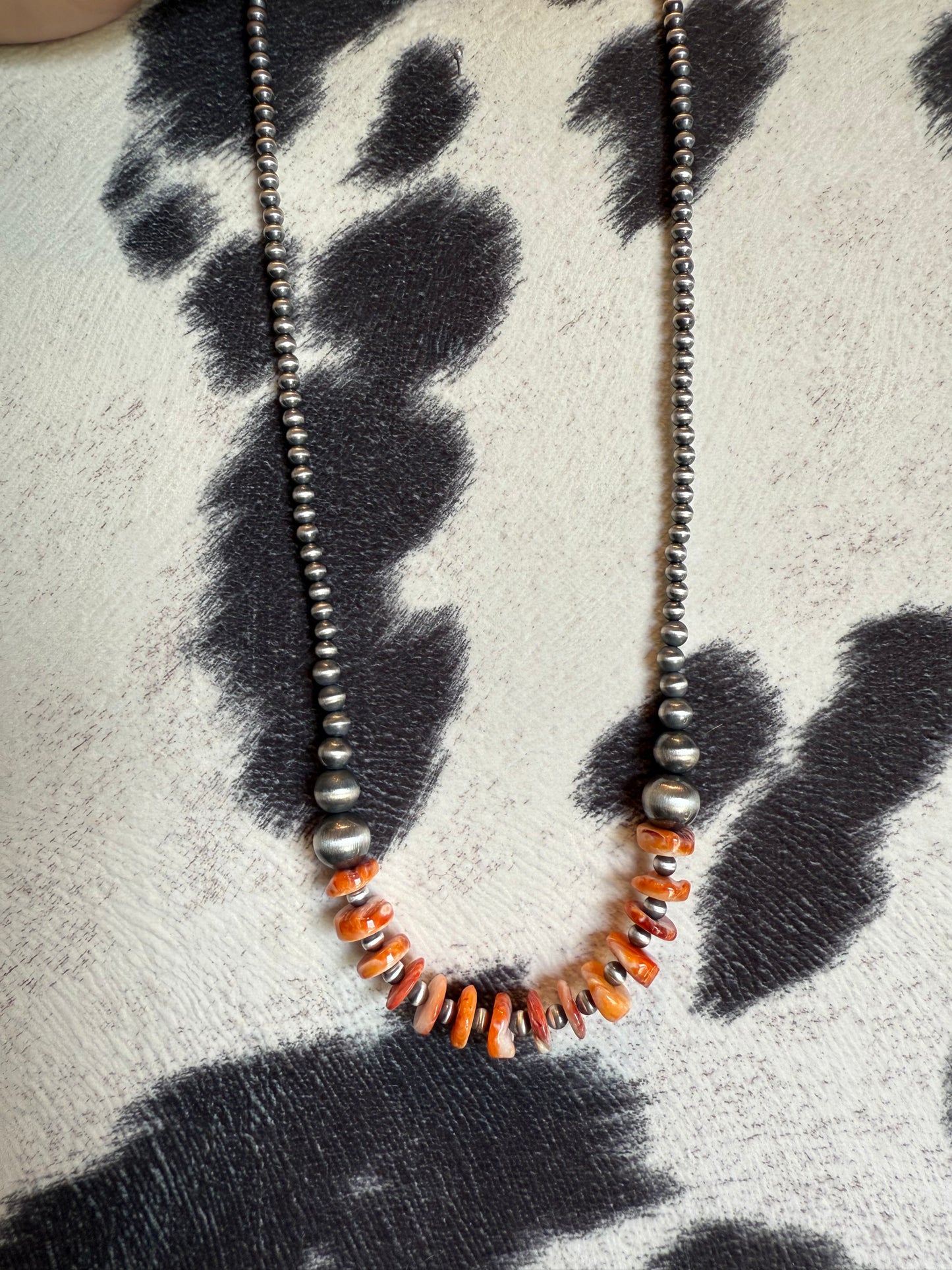Graduated Sterling Silver Pearls & Orange Spiny Oyster