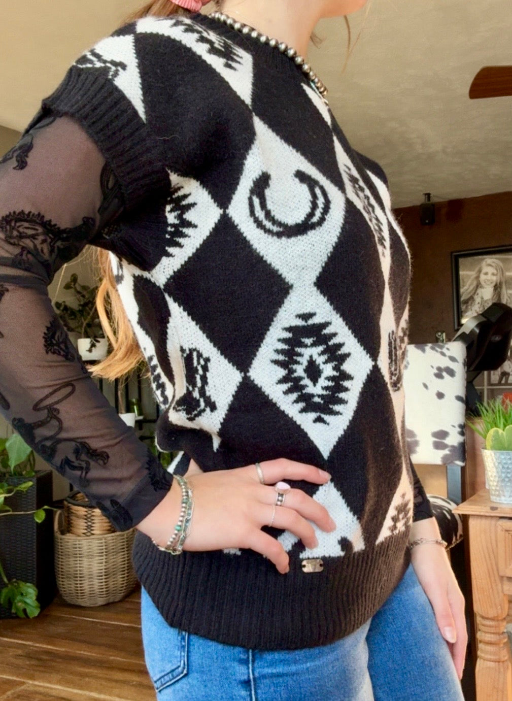 Black Checkered Knit Western Sweater Top