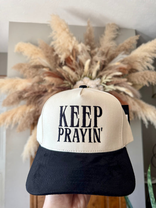KEEP PRAYIN' Two-toned Suede Canvas Trucker Hat