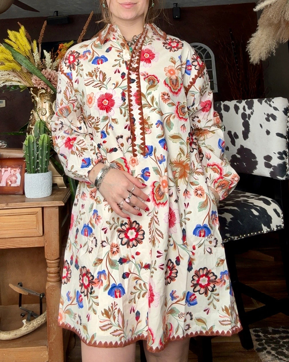 BLANKET STITCH BUTTONED MINI DRESS