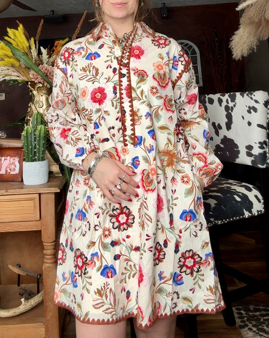 BLANKET STITCH BUTTONED MINI DRESS