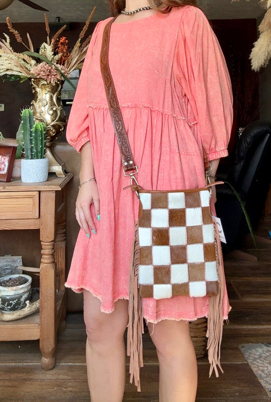 Stockdale Checkered Cowhide Fringe Purse, Brown & White