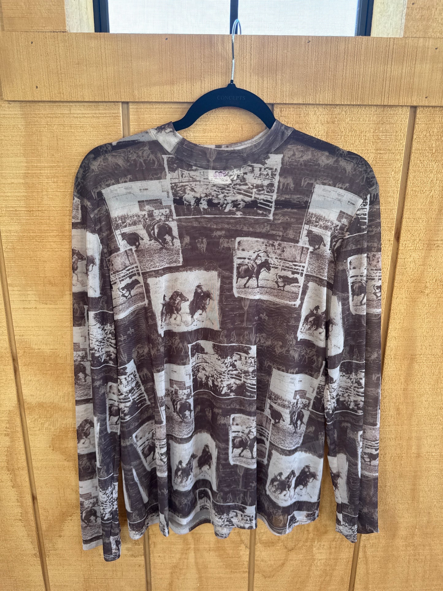 WESTERN RODEO PRINT SEMI SHEER MESH TOP