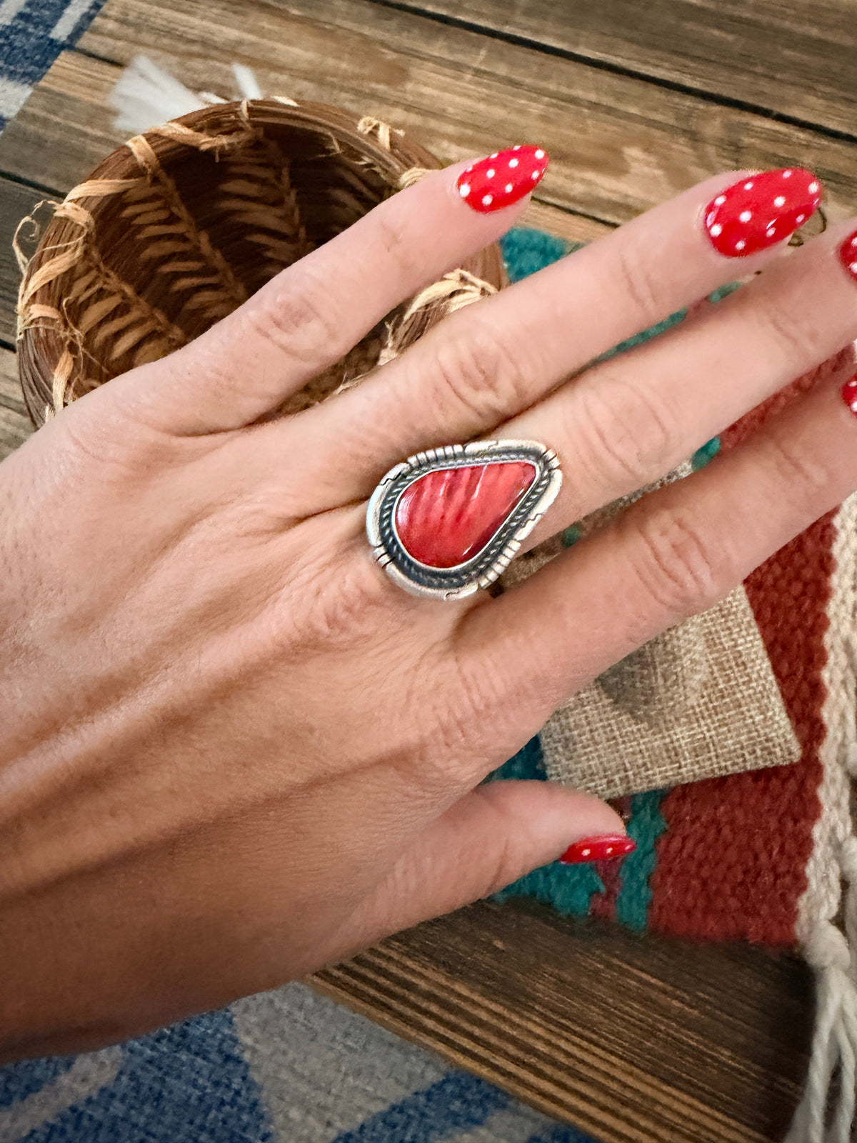 Handcrafted Red Spiny Oyster & Sterling Silver Ring Size 5.5