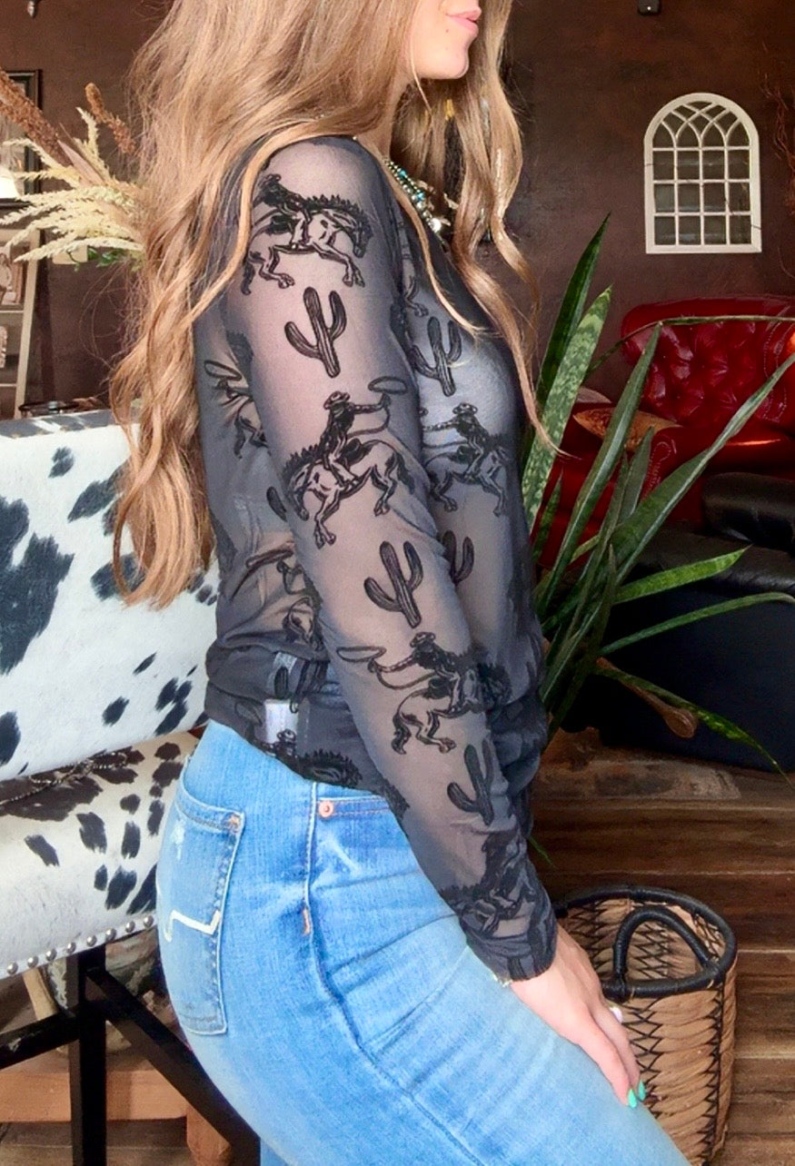 Western Velvet Mesh Top black