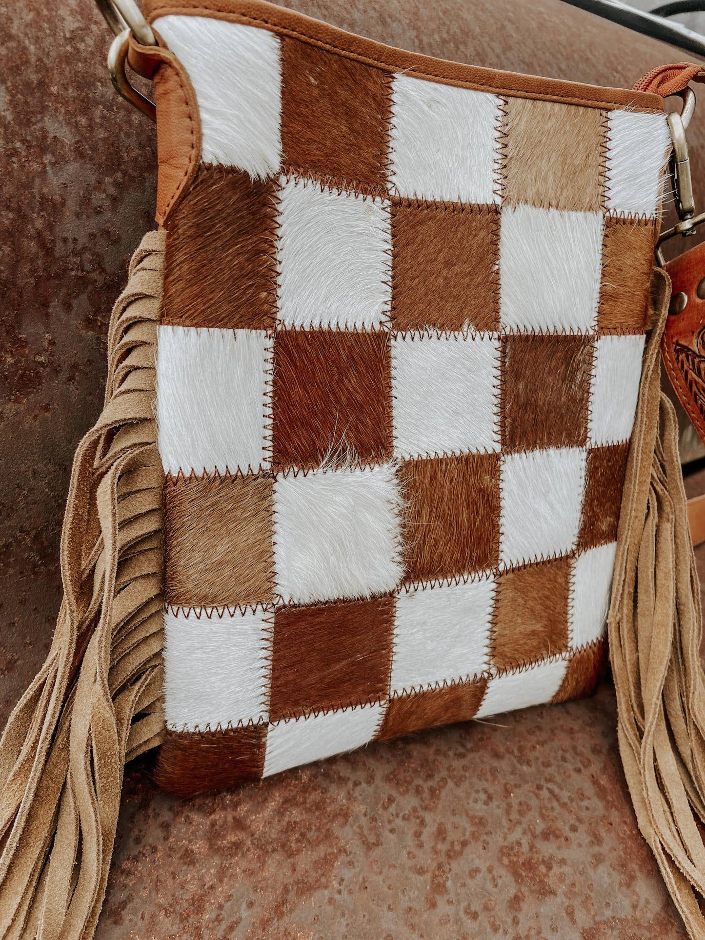 Stockdale Checkered Cowhide Fringe Purse, Brown & White