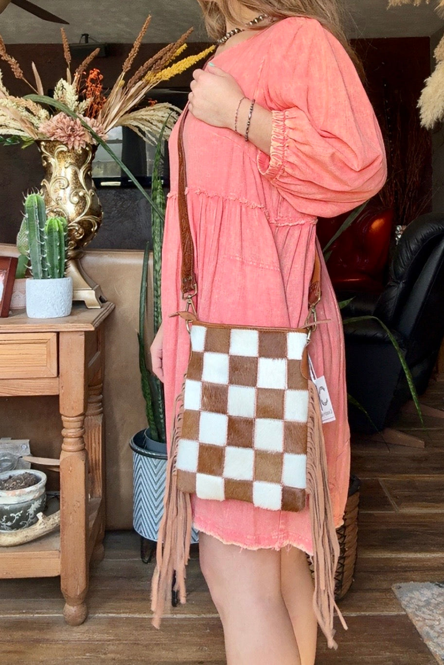 Stockdale Checkered Cowhide Fringe Purse, Brown & White