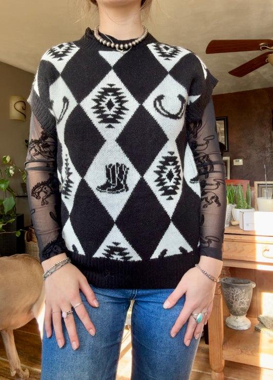 Black Checkered Knit Western Sweater Top