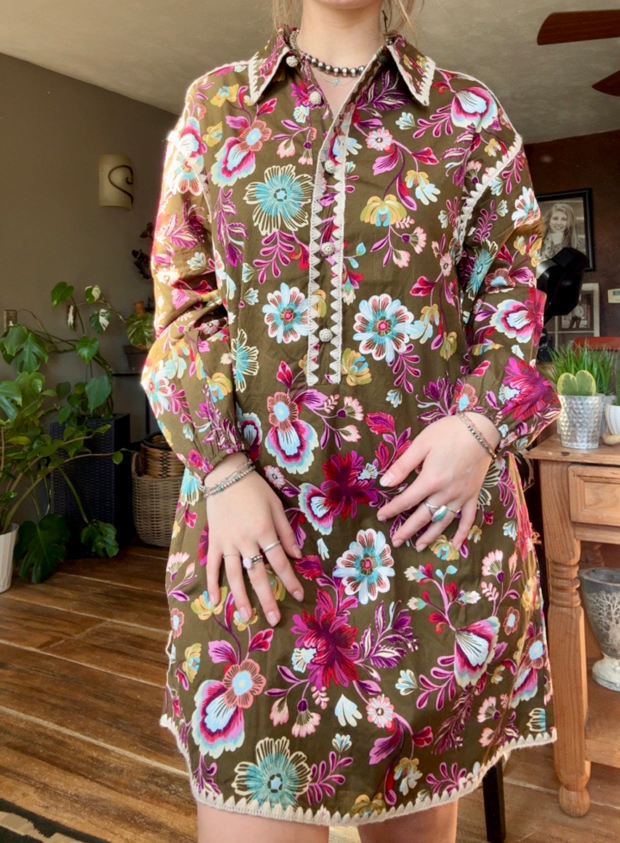 BLANKET STITCH BUTTONED MINI DRESS