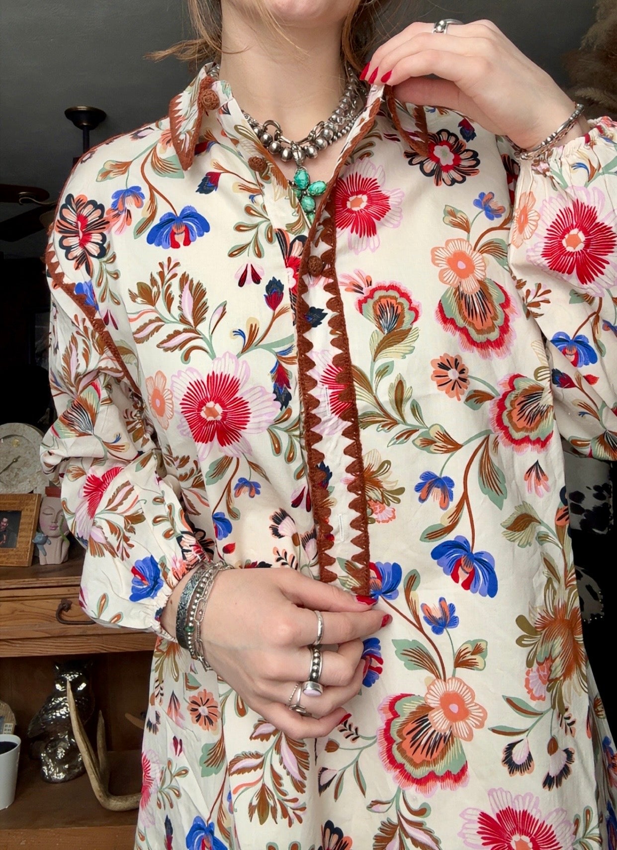 BLANKET STITCH BUTTONED MINI DRESS