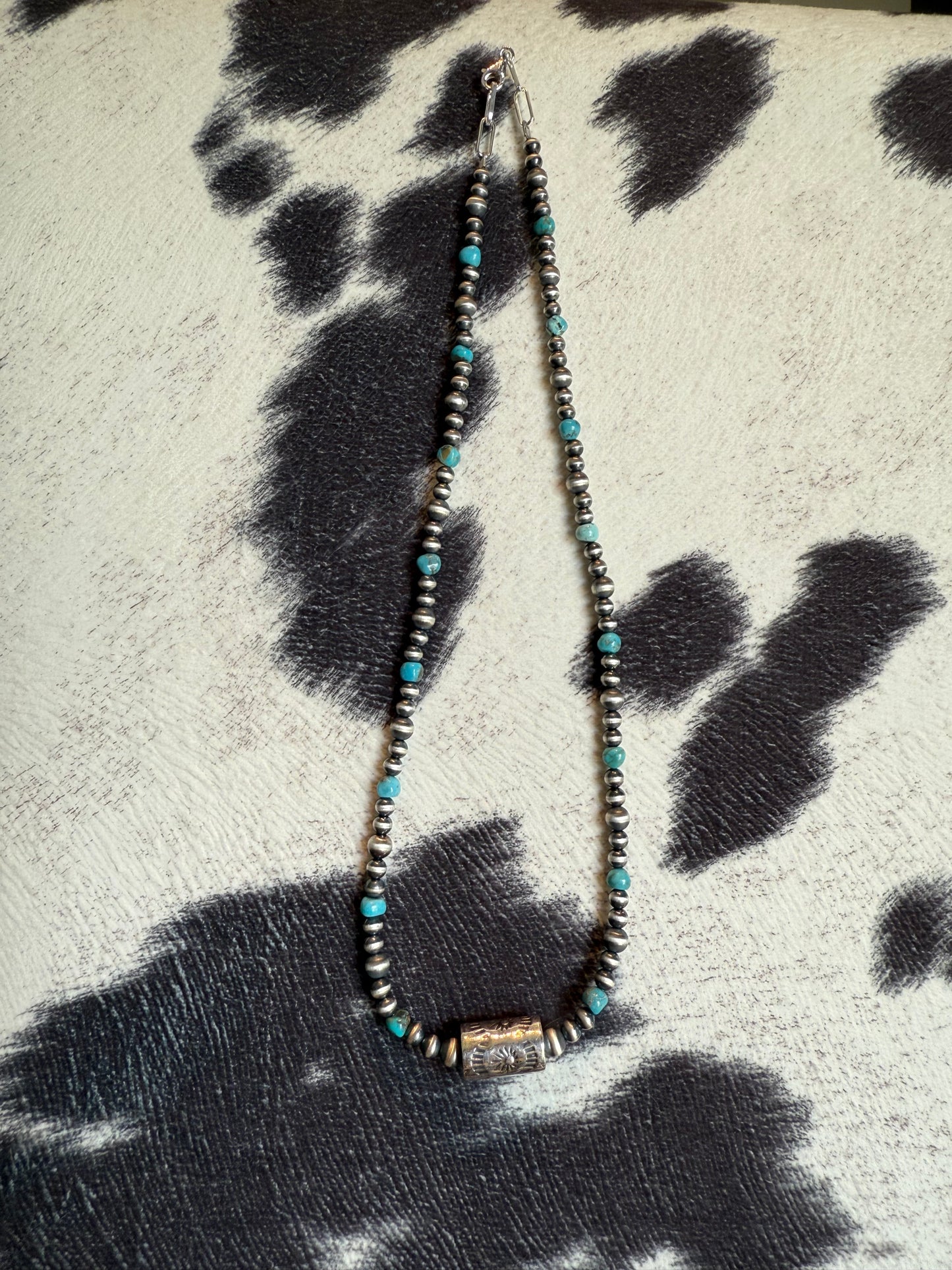 Sterling Silver Pearl Turquoise & Barrel Bead Necklace 