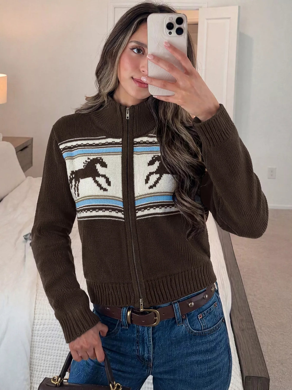 Horse Zip Up Mock Neck Cardigan
